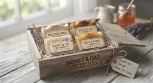 Illustration of a curated gift set featuring multiple bars of natural goat milk and honey soap.