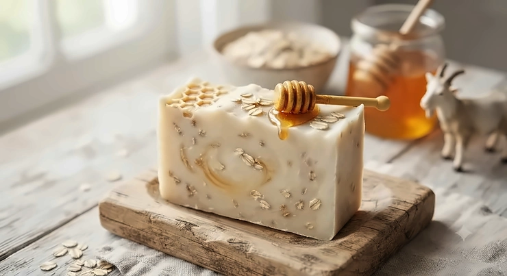 Illustration of a natural handmade goat milk and honey soap bar decorated with a honey dipper and oats.