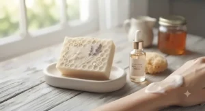 Gentle illustration highlighting goat milk and honey soap benefits for soothing dry and sensitive skin.