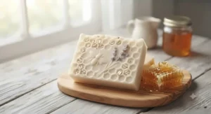 Decorative illustration featuring a honeycomb pattern and goat milk and honey soap motif.