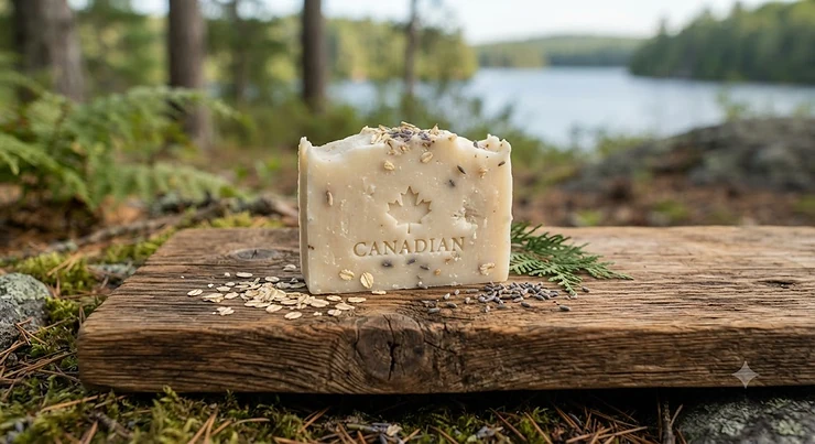 A handcrafted bar of natural goat milk soap for dry skin resting on rustic cedar wood, popular in Canadian skincare routines.