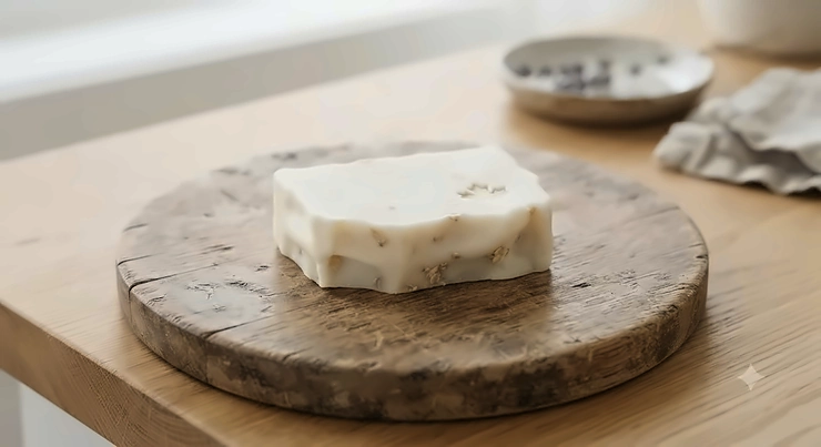 Handmade bar of goat milk soap for eczema resting on a rustic wooden board