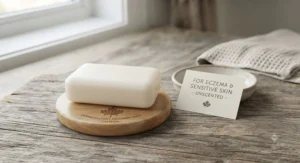 A gentle bar of unscented goat milk soap recommended by dermatologists for managing eczema and sensitive skin across Canada.