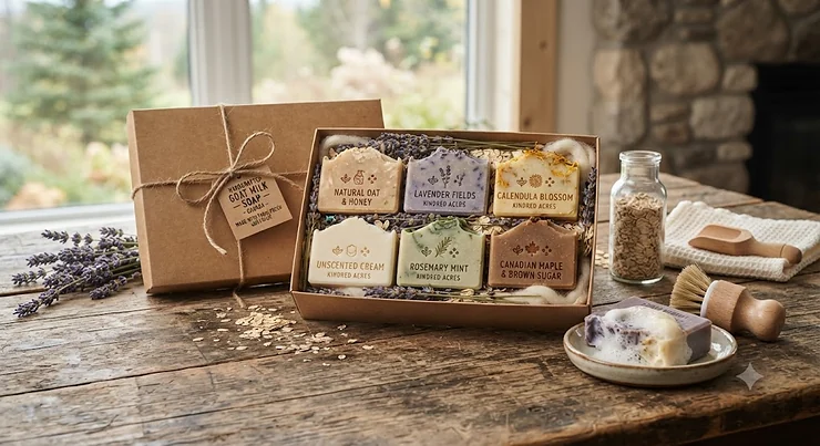 Handcrafted goat milk soap gift set beautifully arranged on a rustic wooden surface for natural skin care in Canada.