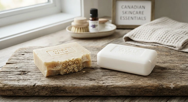 A side-by-side comparison of natural goat milk soap and commercial regular soap bars on a wooden board for Canadian skincare routines. goat milk soap vs regular soap