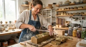 An artisan in Ontario cutting fresh batches of handcrafted animal-product-free soap with natural botanical ingredients.