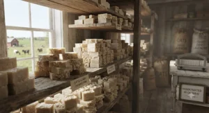 Stacked artisanal goat milk soap bars curing on wooden shelves at a local Canadian farm in Ontario.