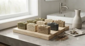 Handcrafted vegan bar soap for men displayed neatly on a minimalist countertop.