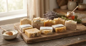 An assortment of handmade Canadian goat milk and honey soap bars arranged neatly on a natural cedar board.