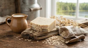 Handmade goat milk and oatmeal soap surrounded by raw oats and milk, highlighting natural Canadian ingredients.