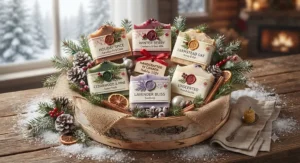 Festive holiday goat milk soap gift set adorned with seasonal Canadian evergreen decorations.