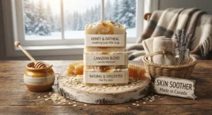 Gentle honey and oatmeal goat milk soap gift set formulated for soothing dry skin during Canadian winters.