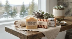 Luxurious spa gift bundle featuring a goat milk soap bar and wooden soap saver crafted for Canadian wellness routines.