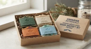 A premium men's organic vegan bar soap gift set featuring multiple Canadian-inspired forest and citrus scents in recyclable packaging.