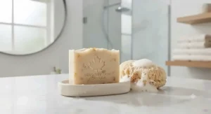 Eco-friendly men's vegan soap bar scented with cedarwood and pine, wrapped in plastic-free recycled packaging suitable for eco-conscious shoppers.