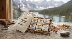 A charming travel-size set of miniature goat milk soaps ideal for gifts across Canadian destinations.