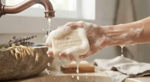 Rich and creamy lather demonstration using an organic goat milk soap bar for deep skin hydration.
