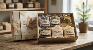 An eco-friendly gift box containing assorted artisan animal-product-free soap bars crafted in Quebec.