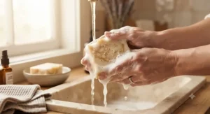 Hands lathering a moisturizing goat milk honey soap under warm water, showcasing deep hydration for dry skin.