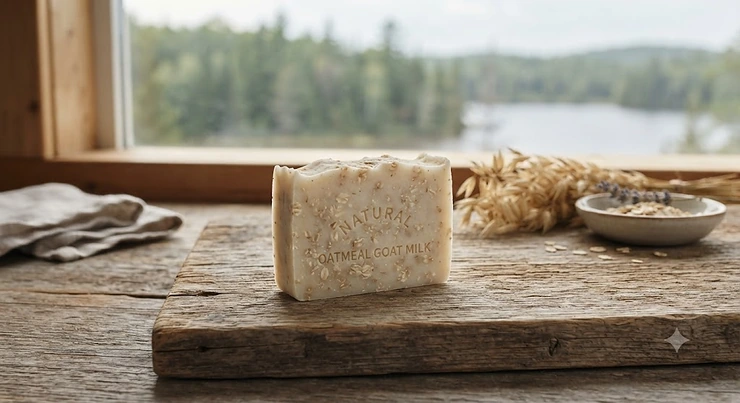 Natural goat milk oatmeal soap bar resting on a wooden surface, popular for gentle skincare in Canada.