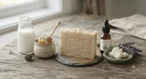 Fresh farm goat milk, raw honey, and natural oils arranged around a rustic bar of Canadian-made goat milk soap.