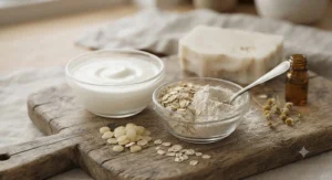 Natural ingredients like raw goat milk and oats used in gentle goat milk soap for eczema care