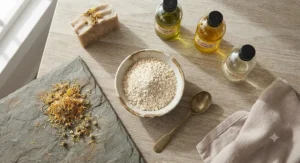 Flat lay of colloidal oats and botanical oils used in soothing vegan soap for eczema relief.