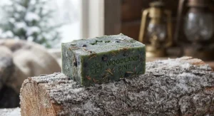 A gentle natural vegan body soap for men formulated for sensitive skin, shown with a lather sponge in a modern Canadian bathroom.
