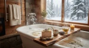 A relaxing Canadian winter home spa setup featuring a steaming bath and an artisanal animal-product-free soap bar.