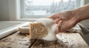 Organic goat milk oatmeal soap foaming gently, ideal for soothing dry winter skin across Canada.