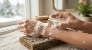 Rich, creamy lather of organic goat milk soap providing deep hydration for dry skin in dry Canadian climates.