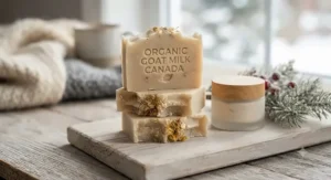Close-up of gentle top goat milk soap bars formulated for sensitive skin relief during dry Canadian winters.