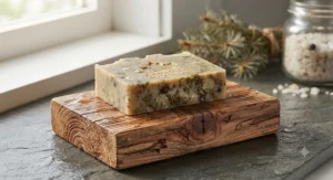 An organic vegan soap bar for men with a rich woodland pine aroma, ideal for daily grooming after outdoor winter adventures.