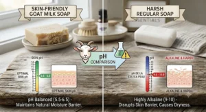 Infographic illustration showing the pH balance difference between skin-friendly goat milk soap and harsh regular soap.