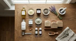 A flat lay photograph of plant-based oils, dried lavender, and natural clays used to formulate animal-product-free soap.