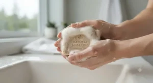 Rich, creamy lather of goat milk oatmeal soap being washed on hands, formulated for sensitive skin.