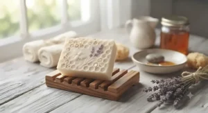 Spa-inspired illustration of a handcrafted goat milk and honey soap bar resting on a wooden soap dish.
