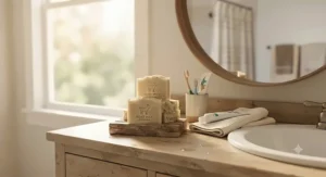Family-friendly top goat milk soap bars resting beside a bathroom sink for everyday gentle cleansing.