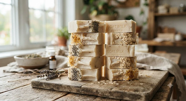 A stack of artisanal top goat milk soap bars with natural ingredients, handcrafted for skincare routines across Canada.