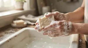 Rich lather created by traditional top goat milk soap bars during a soothing handwashing routine.