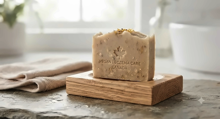 Handcrafted vegan soap for eczema resting on a wooden soap dish, formulated for sensitive Canadian skin.