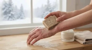 Using natural vegan soap for eczema to soothe itchy, dry skin during cold Canadian winters.