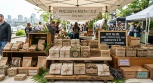 Plastic-free, biodegradable packaging for animal-product-free soap displayed at an eco-friendly market in Vancouver, BC.