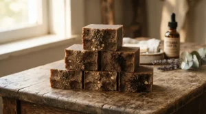Aged Aleppo soap laurel oil blocks neatly stacked on a rustic wooden shelf in a Vancouver spa studio.