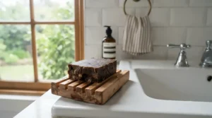 An Aleppo soap laurel oil bar resting on a cedar wood soap dish in a bright Toronto bathroom, highlighting traditional daily skincare.