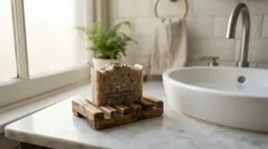 Aleppo soap vs Marseille soap placed by a Canadian bathroom sink for daily handwashing routines.