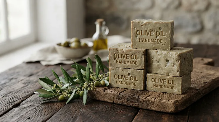 Aleppo soap vs Marseille soap presented in a heritage olive oil soap comparison on a wooden board.