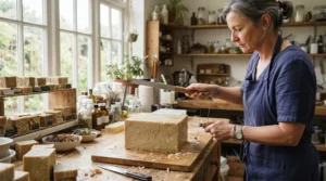 Aleppo soap vs Marseille soap demonstrating regional soap-making methods in an artisan workshop setting.