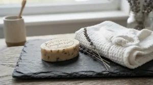 Aleppo soap vs Marseille soap used in a nourishing winter skin care routine for dry Canadian weather.
