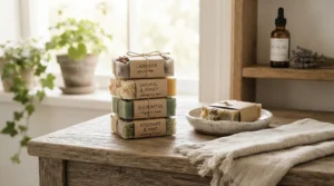 An artisanal olive oil soap gift set displayed neatly on a modern white bathroom vanity.